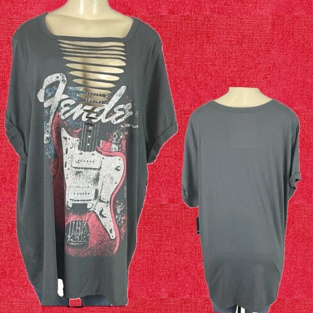 Fender +6 Logo Gray Slashed Crew Neckline Guitar Graphic Short Sleeve T-Shirt